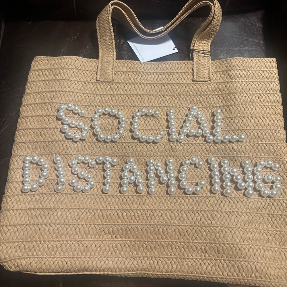 Tan Woven Tote Bag with Pearl Lettering